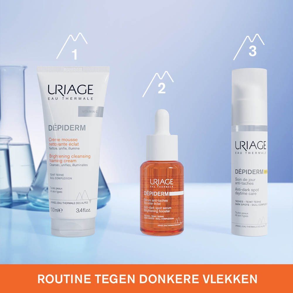 Drie Uriage Dépiderm producten. Crème, serum, verzorging. Routine Anti-Taches.