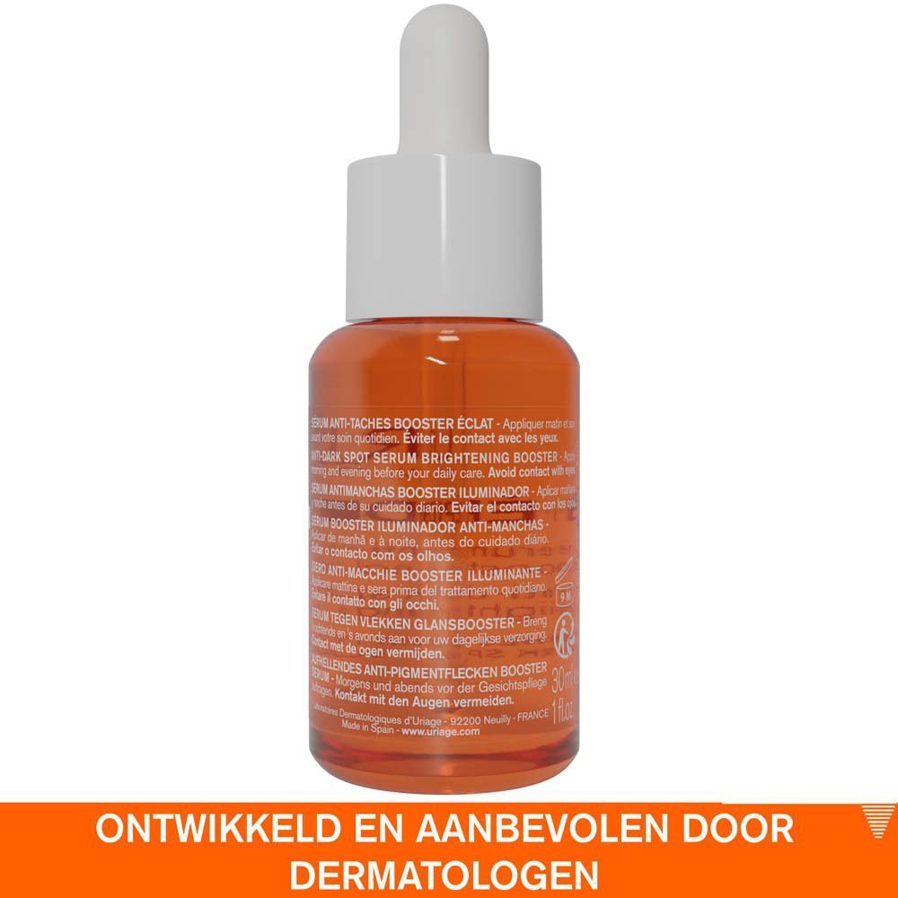 Uriage Dépiderm Sérum Anti-Taches Booster Éclat. Tekst op de fles. Développé et recommandé par les dermatologues.