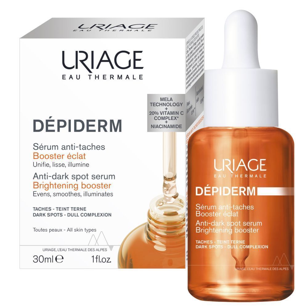 Uriage Dépiderm Sérum Anti-Taches Booster Éclat. Flacon et emballage. Informations sur le produit.