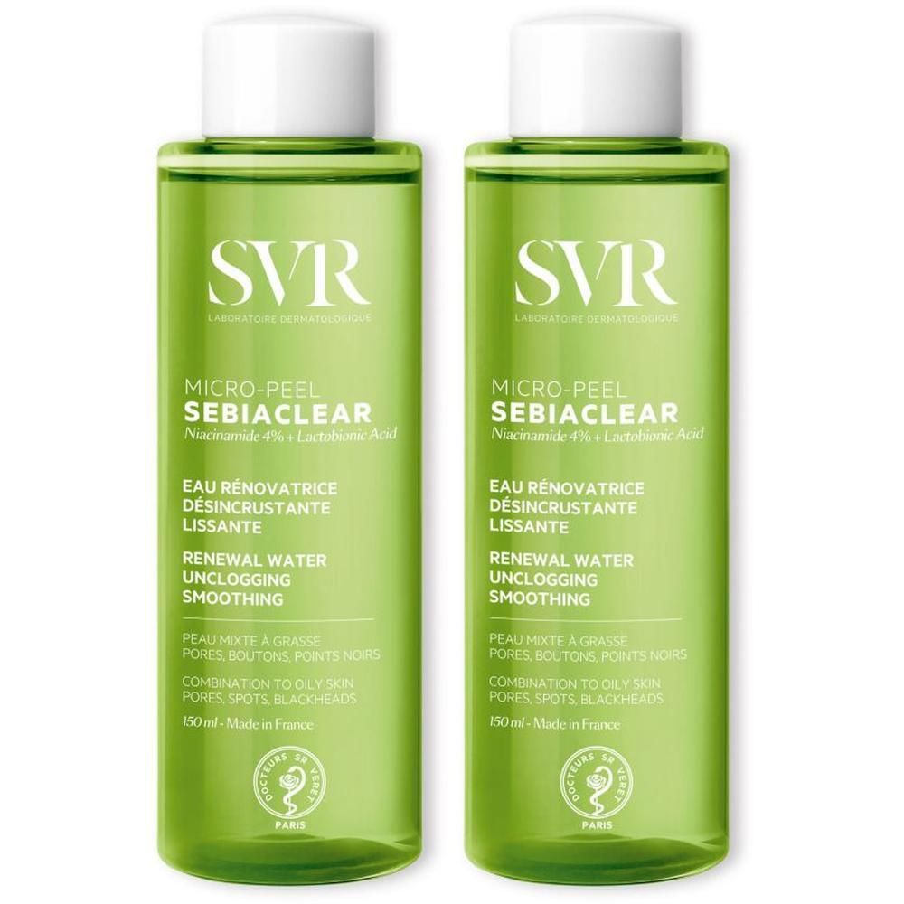 Deux flacons verts avec bouchon blanc. Inscription SVR SEBIACLEAR Micro-Peel. Texte: Eau rénovatrice désincrustante lissante.