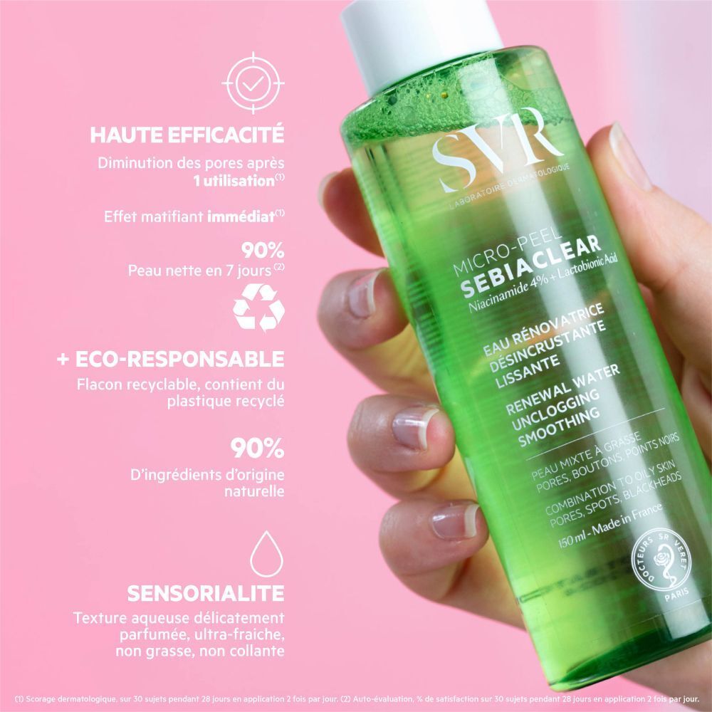 Flacon vert, texte et schémas. Inscription SVR SEBIACLEAR Micro-Peel. Texte: Eau rénovatrice désincrustante lissante. Schémas.