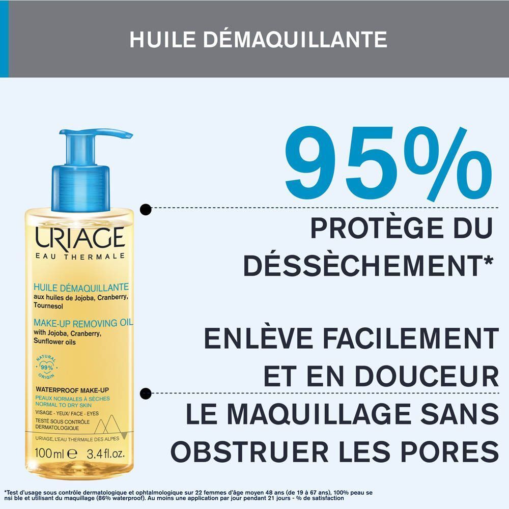 Flacon d'huile démaquillante Uriage avec pompe bleue. Liquide jaune. Texte: Huile démaquillante.