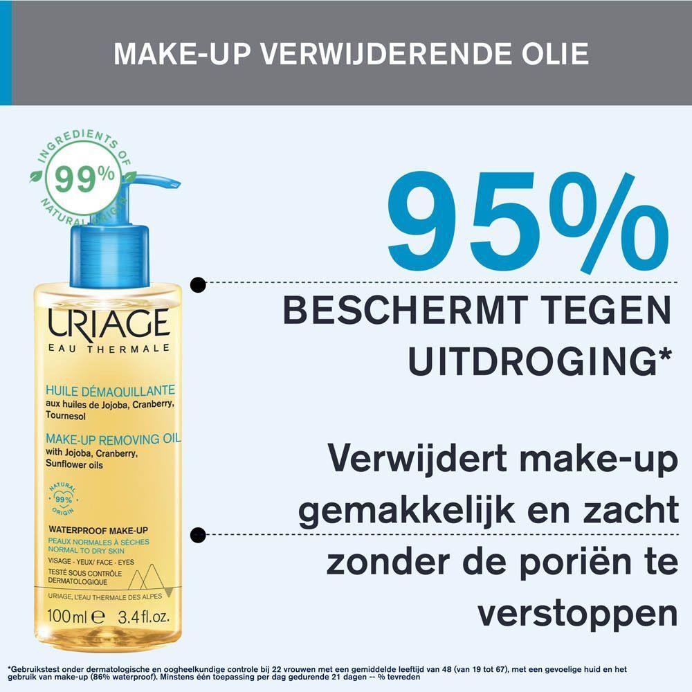 Uriage reinigingsoliefles met blauwe pomp. Gele vloeistof. Tekst: Make-up verwijderende olie.