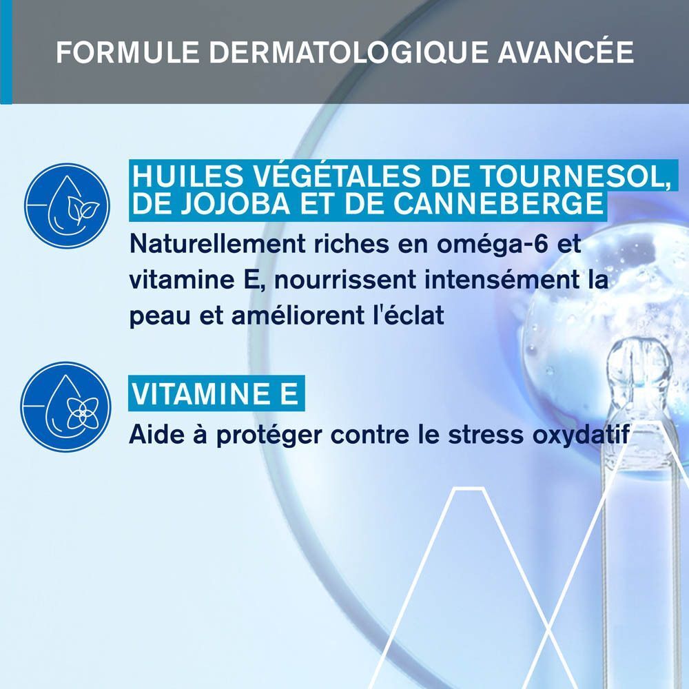 Flacon d'huile démaquillante Uriage. Texte: 95% protège du dessèchement. Enlève le maquillage en douceur.