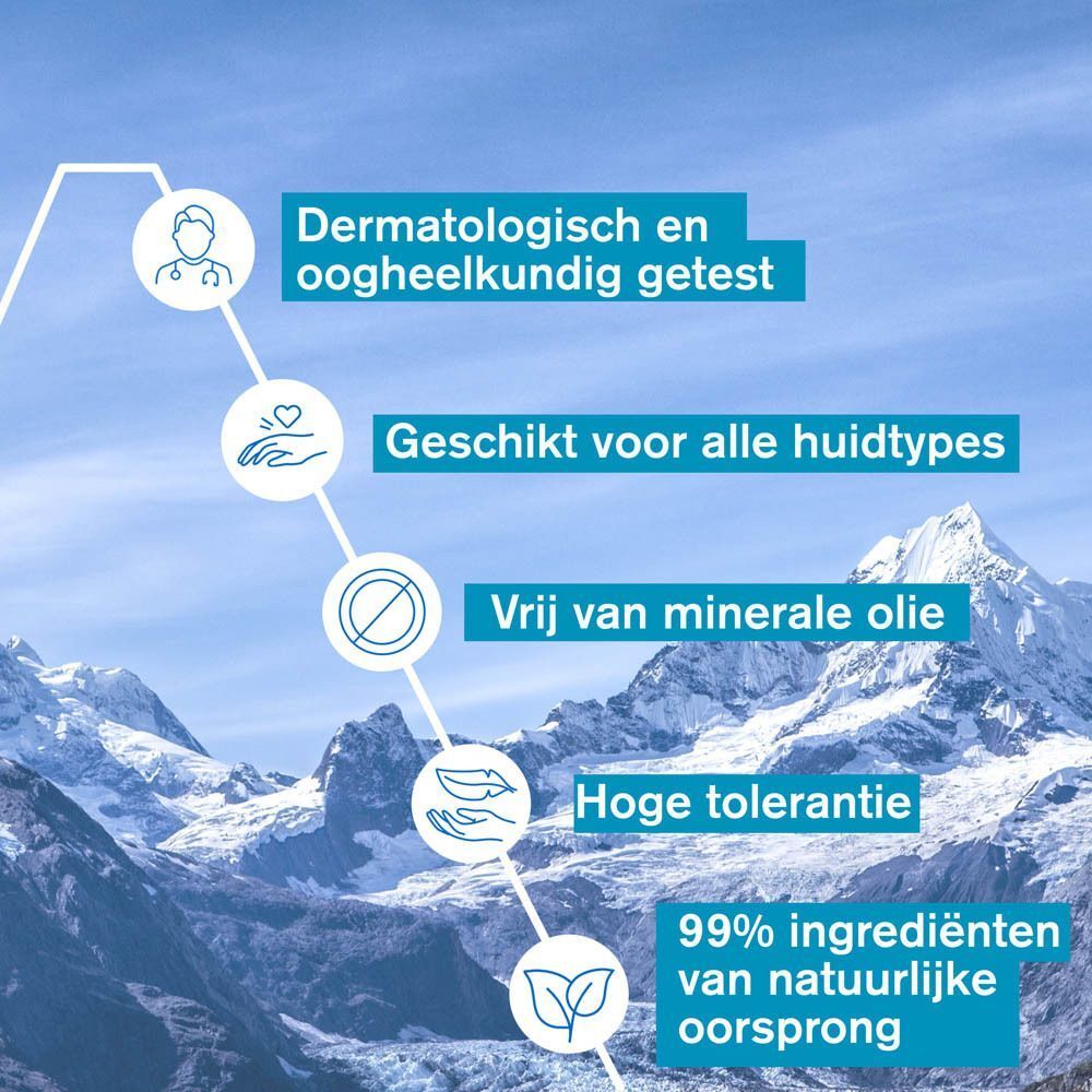 Grafiek met ingrediënten: zonnebloem-, jojoba- en cranberryoliën. Vitamine E. Huidverzorging.