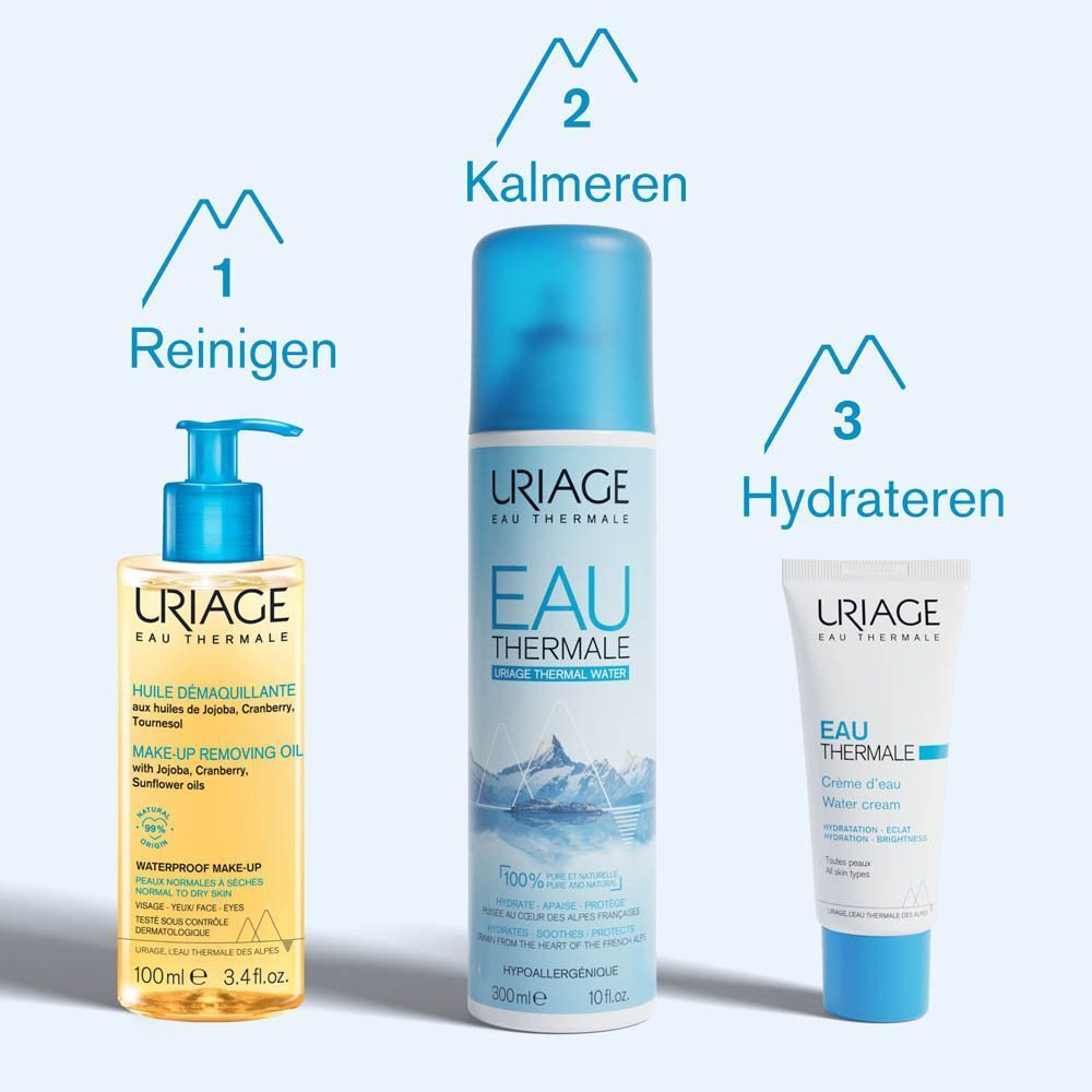 Achterkant van de Uriage reinigingsoliefles. Tekst en logo's. Ontwikkeld door dermatologen.