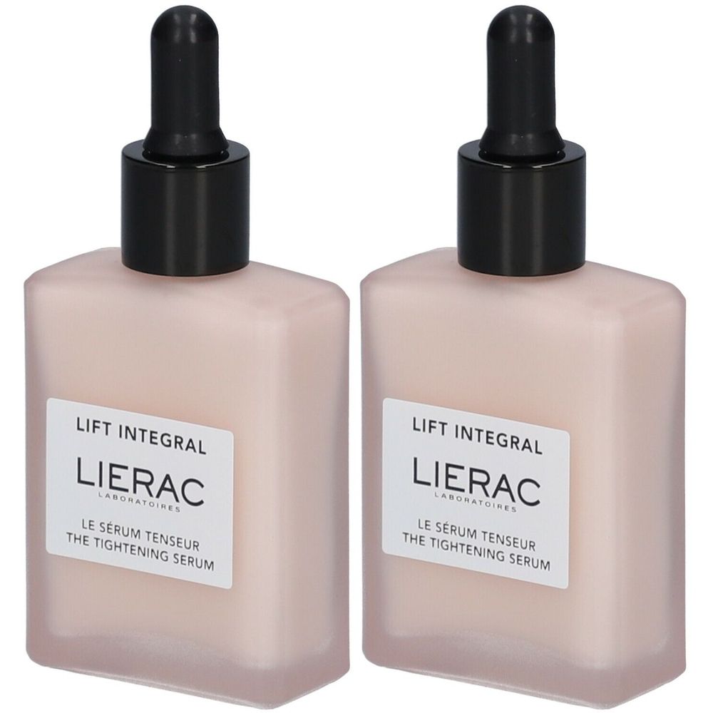 Twee flacons met zwarte dop en pipet. Opschrift: Lierac Lift Integral Le Sérum Tenseur.