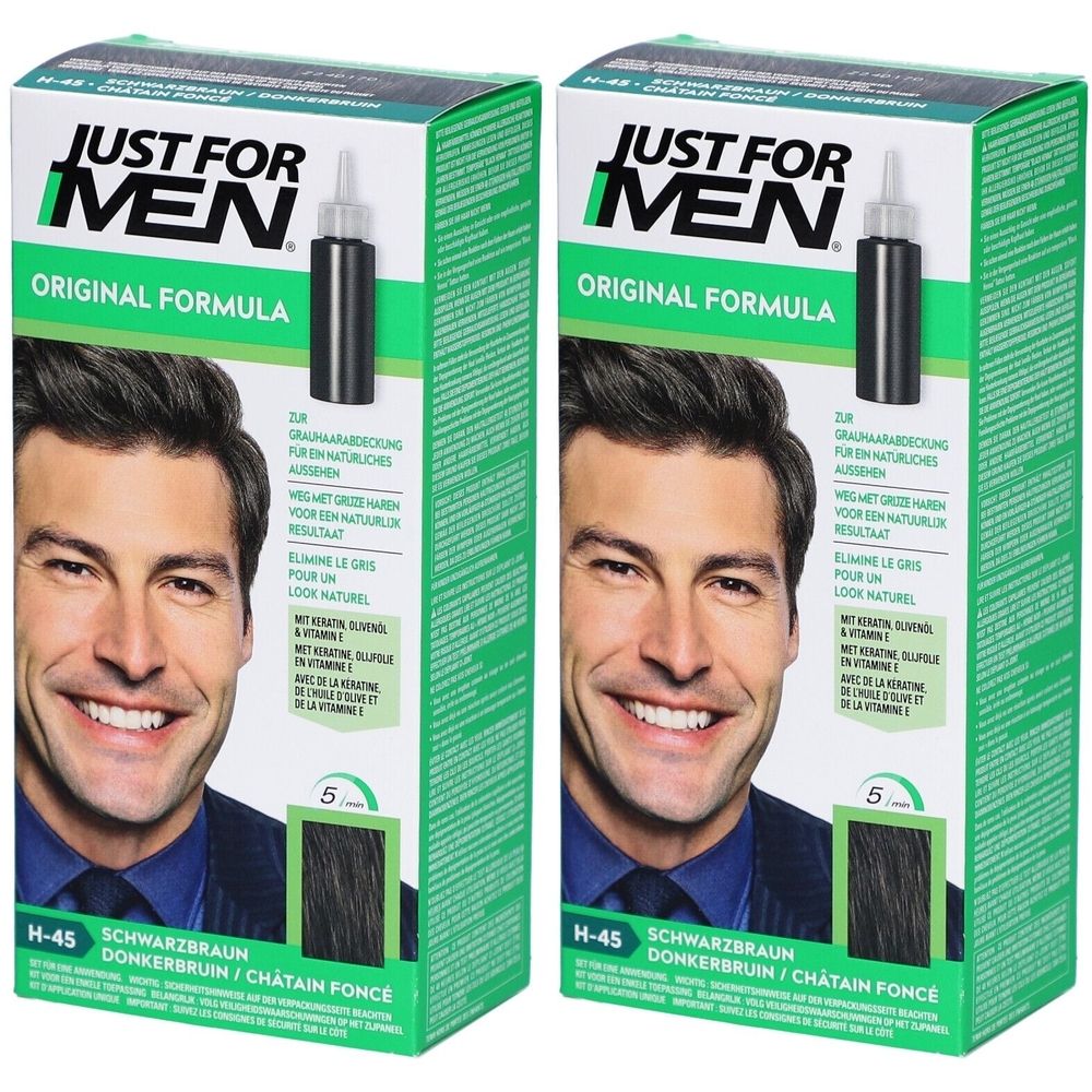 Twee dozen JUST FOR MEN. Opschrift: Original Formula, H-45 Schwarzbraun. Afbeelding van een man met donker haar.