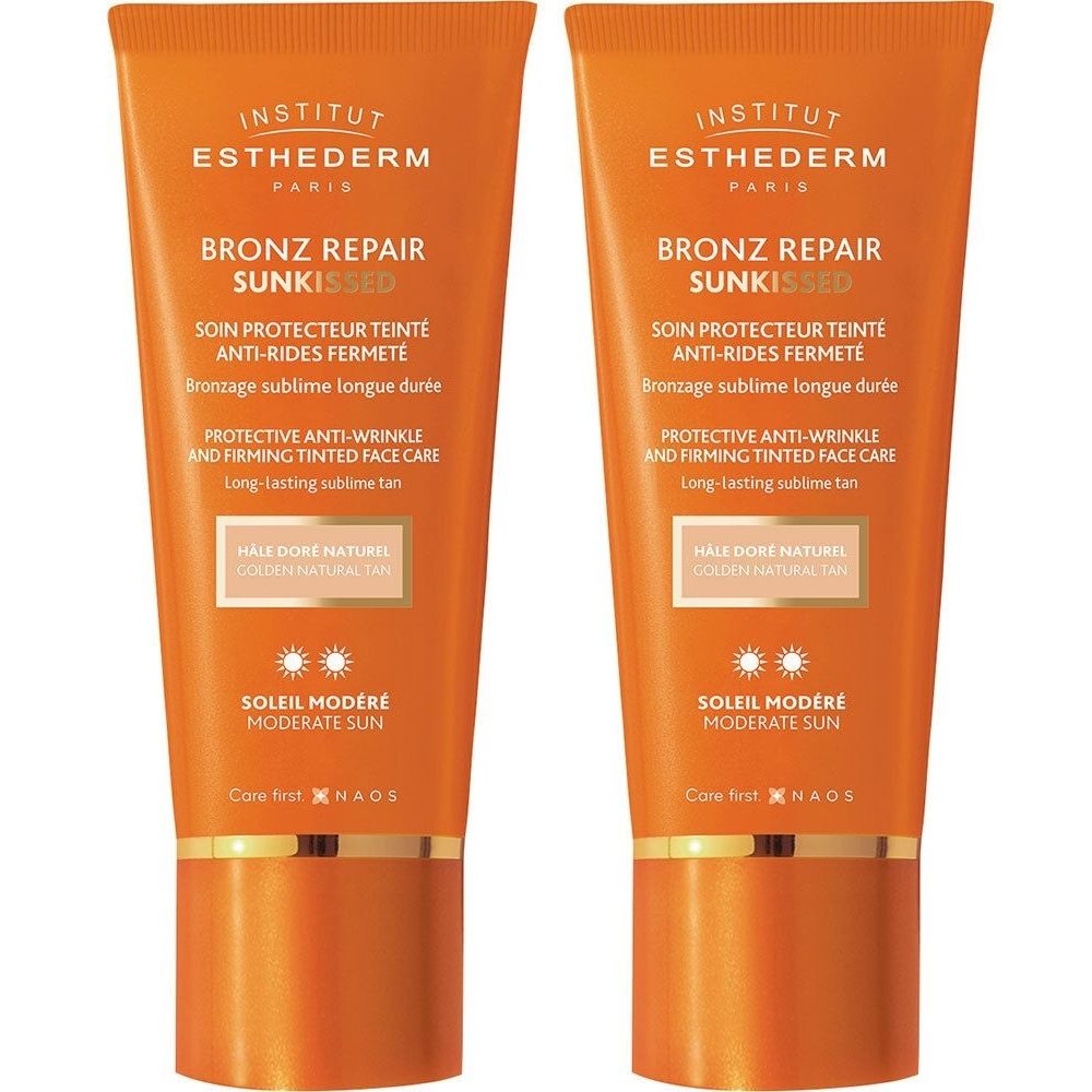 Deux tubes INSTITUT ESTHEDERM Bronz Repair Sunkissed. Emballage orange avec informations et logo.