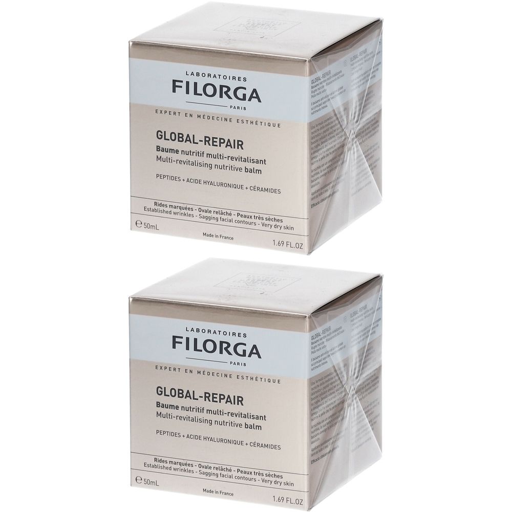 Twee vierkante dozen. Opschrift: LABORATOIRES FILORGA, GLOBAL-REPAIR, multi-revitaliserende voedende balsem. Verpakt in folie.