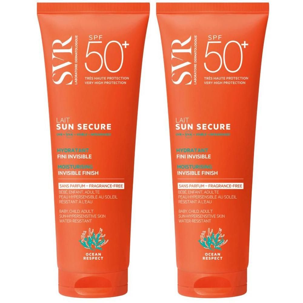Deux tubes de SVR Sun Secure Sonnenmilch SPF50+ orange. Texte: Lait Sun Secure, SPF 50+, hydratant, fini invisible.