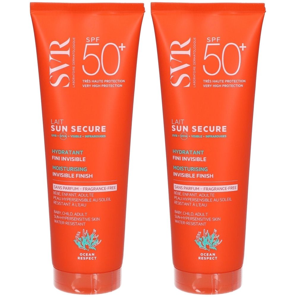 Twee tubes SVR Sun Secure Sonnenmilch SPF50+ in oranje verpakking. Tekst: Lait Sun Secure, SPF 50+, hydratant, fini invisible.