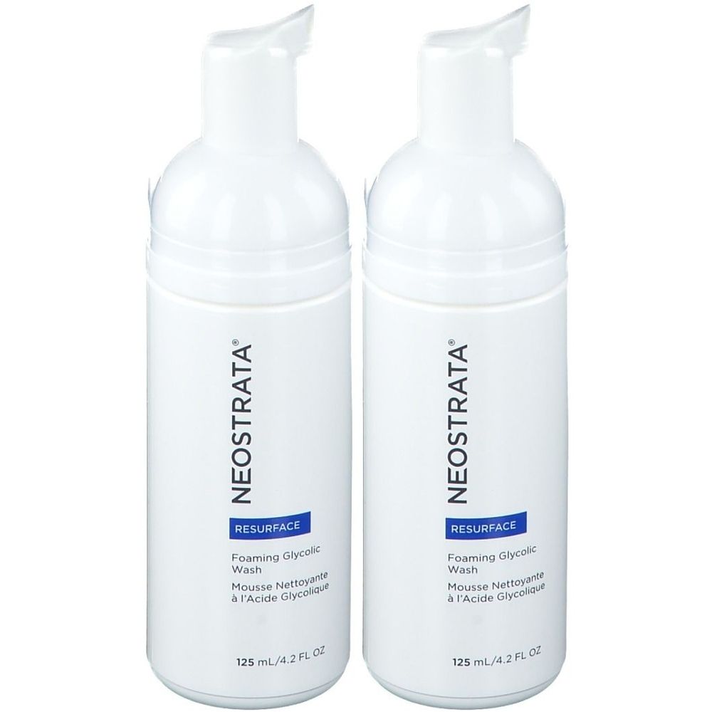 Twee witte flessen met pomp. Opschrift: NEOSTRATA, RESURFACE, Foaming Glycolic Wash. Inhoud: 125 ml.