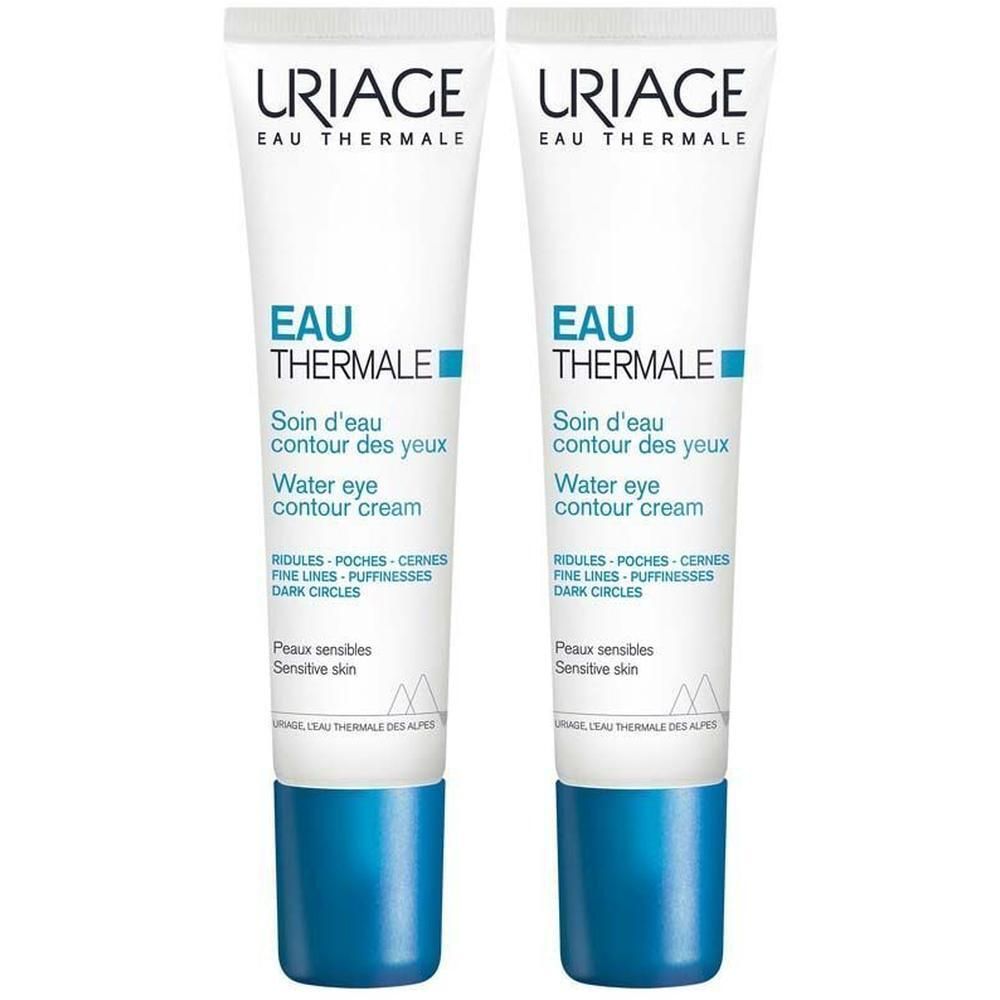 Twee tubes oogcrème. Wit, blauw, met tekst. Merk: Uriage.
