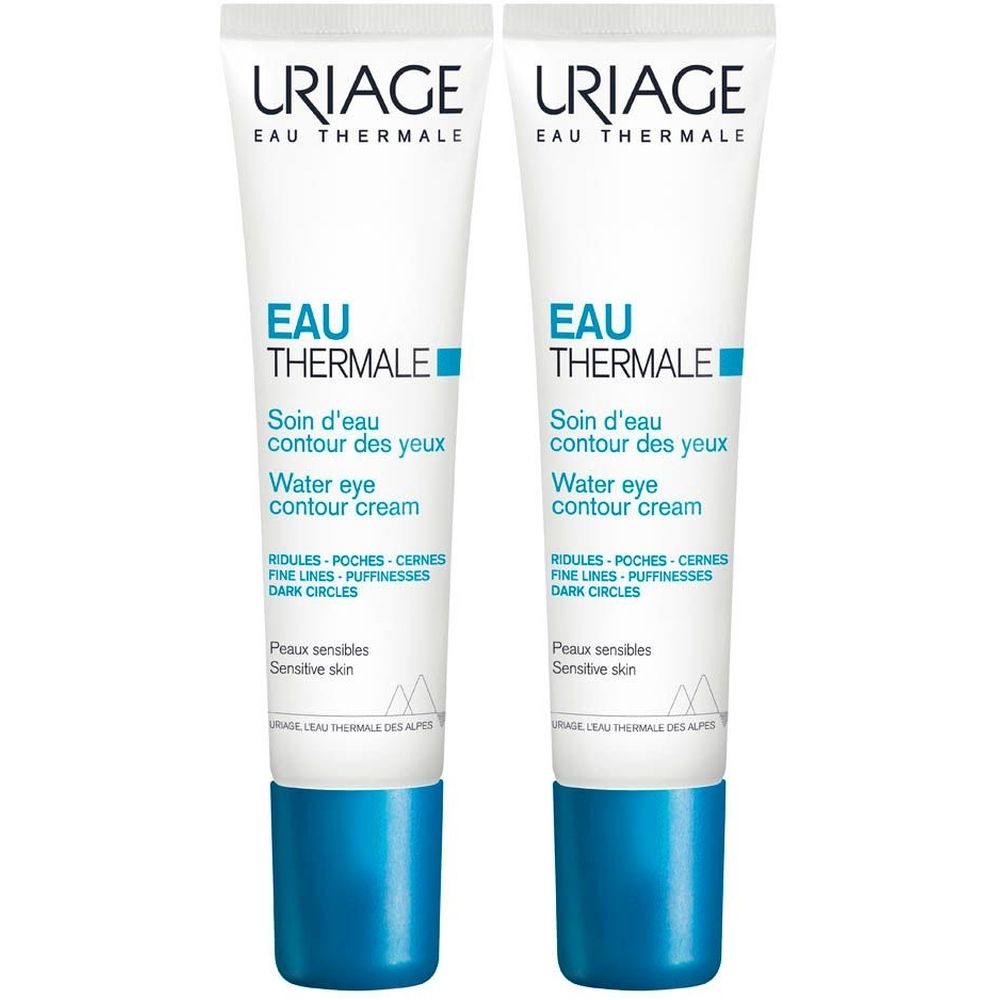 Deux tubes de crème pour les yeux. Blanc, bleu, texte. Marque : Uriage.