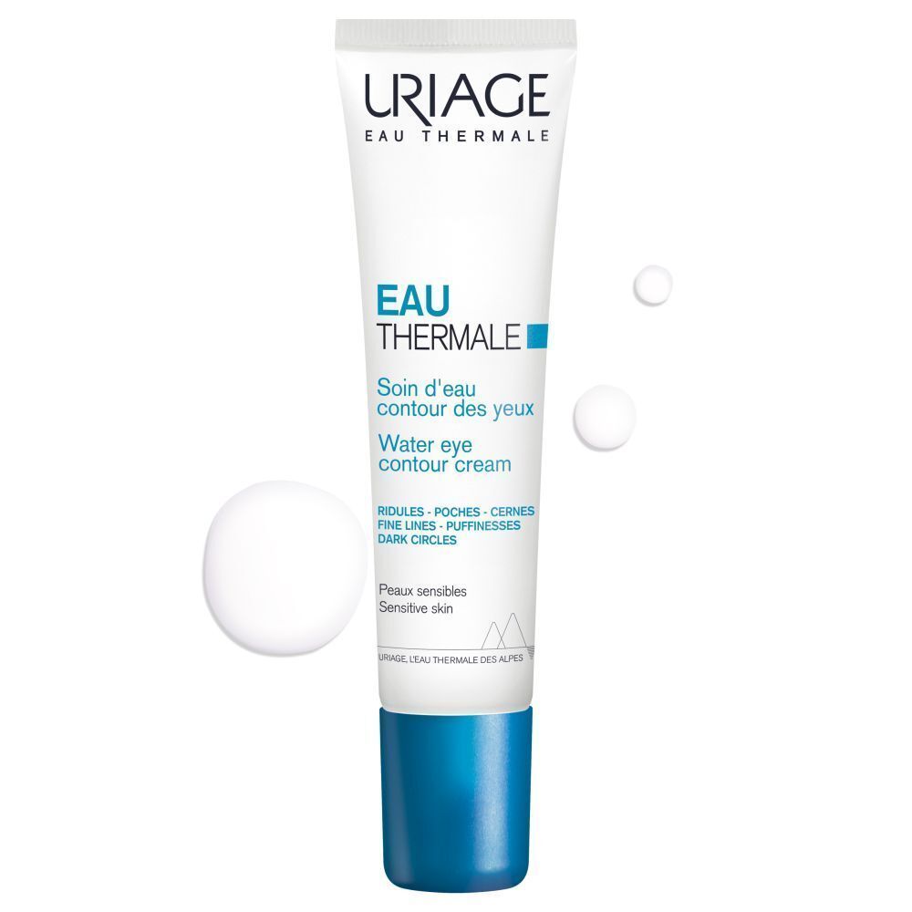 Oogcrèmetube, wit, blauw. Merk: Uriage. 3 witte druppels ernaast.