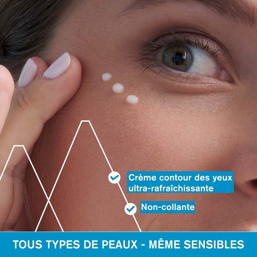 Gros plan sur un œil. Application de crème. Texte : Crème contour des yeux.
