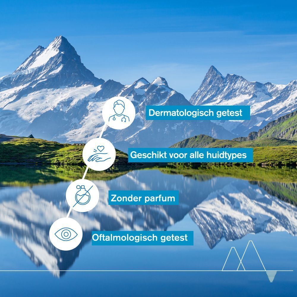Landschap met bergen. Tekst: Dermatologisch getest, Geschikt voor alle huidtypes.
