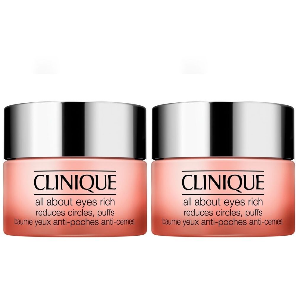 Twee roze potjes met zilveren deksels. Opschrift: CLINIQUE, all about eyes rich, vermindert kringen, wallen.