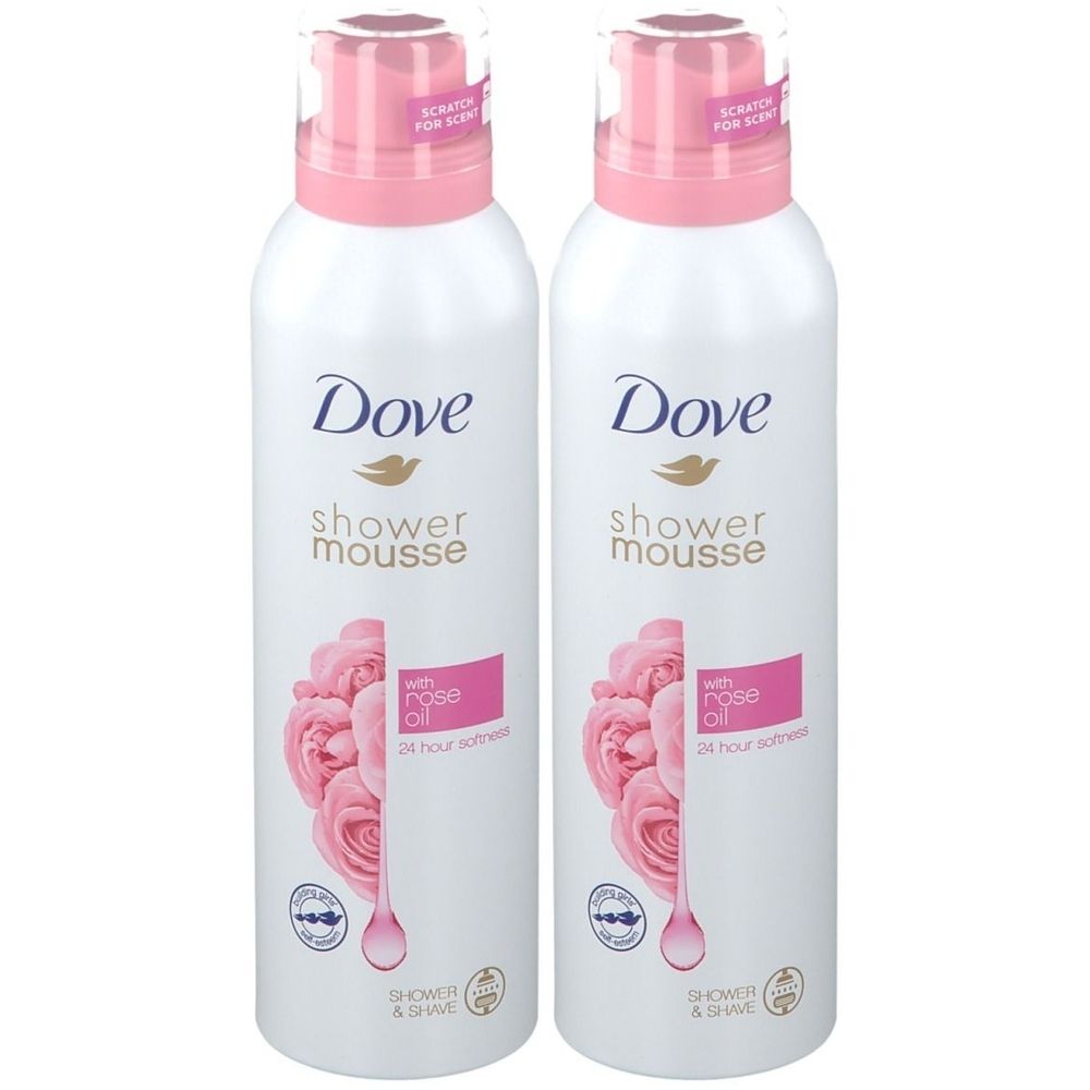 Twee witte flessen met roze doppen. Opschrift Dove, Shower Mousse, rozenbloem illustratie. Tekst: with rose oil, 24 hour softness.