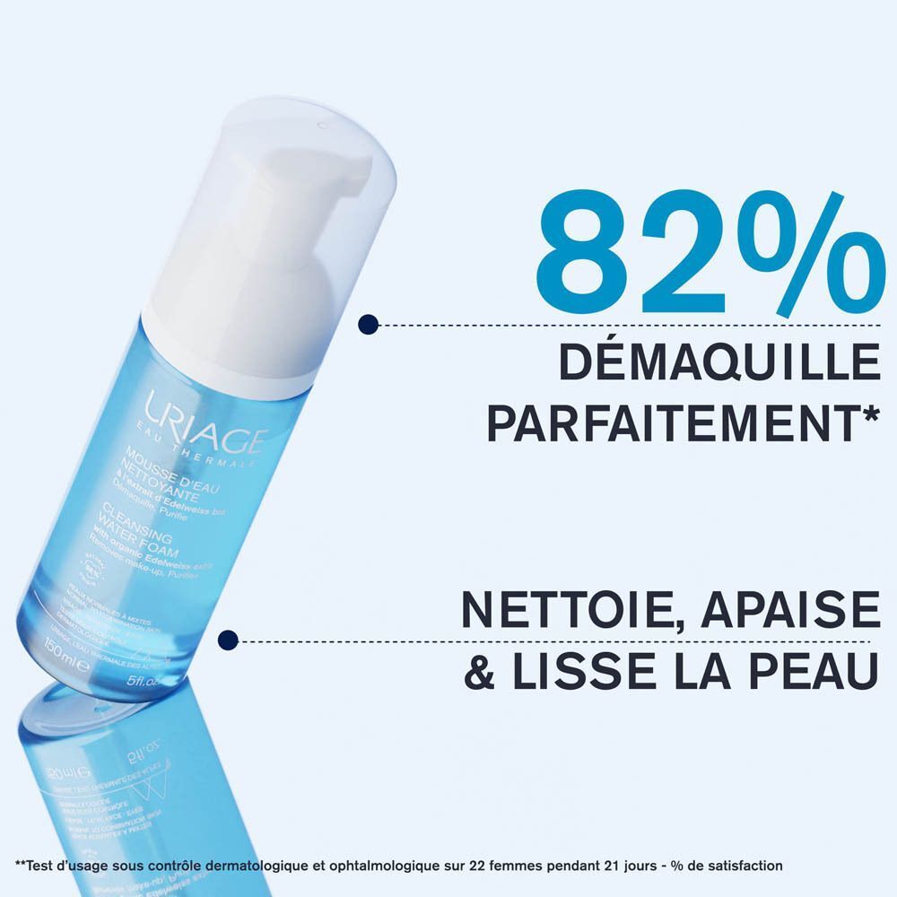 Flacon de Mousse d'Eau Nettoyante Uriage. Texte: 82% Démaquille parfaitement, Nettoie, apaise & lisse la peau.