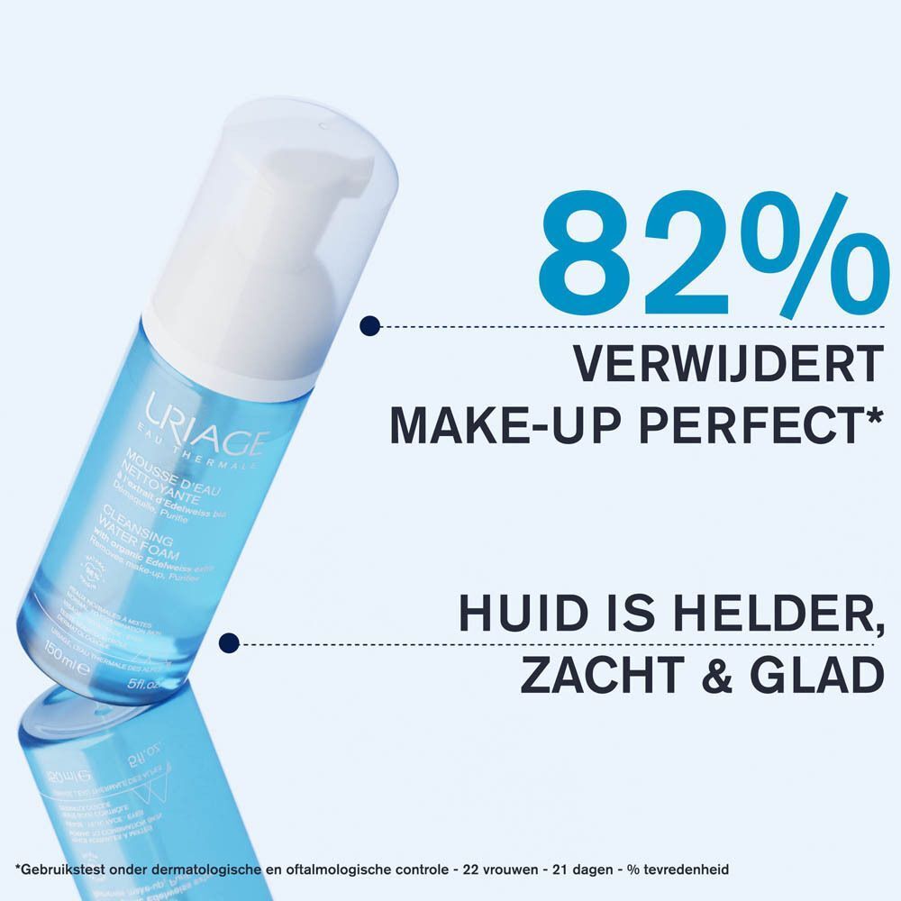 Fles Uriage Mousse d'Eau Nettoyante. Tekst: 82% Verwijdert Make-Up Perfect, Huid is helder, zacht & glad.