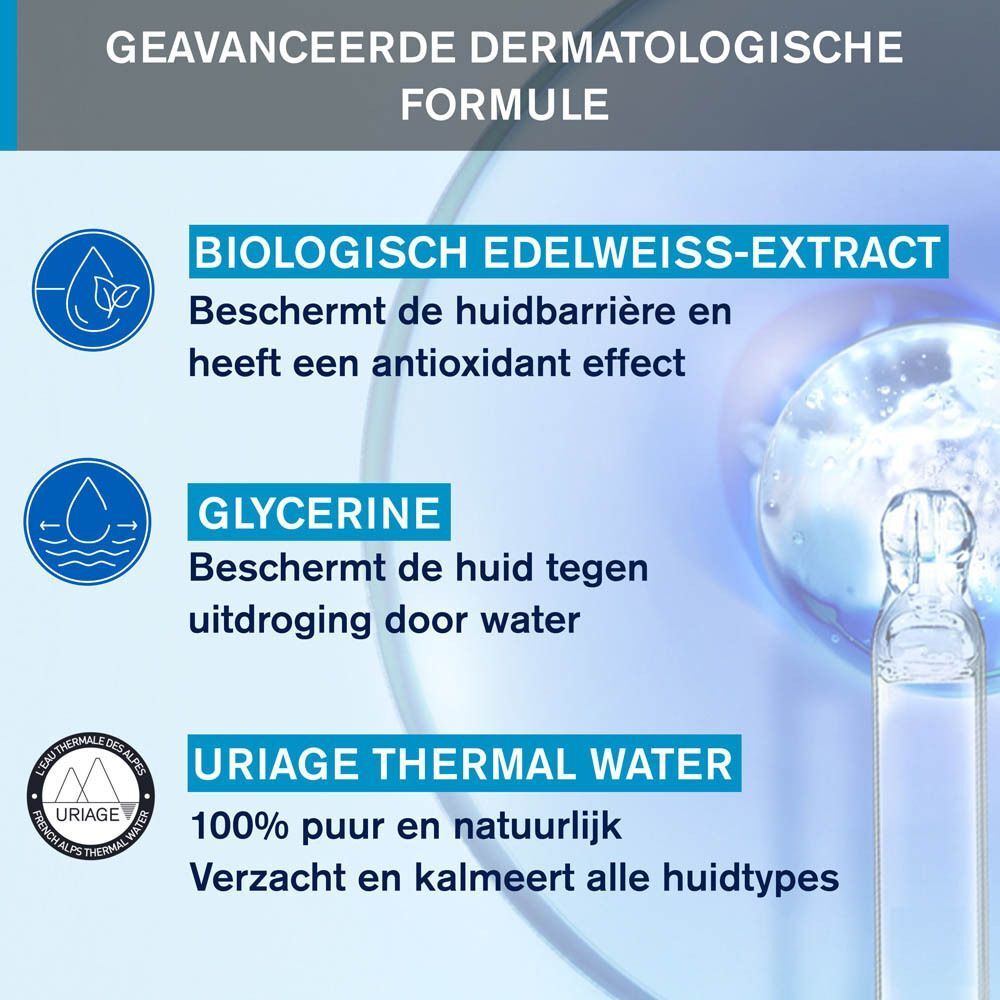 Tekst: Biologisch Edelweiss-Extract, Glycerine, Uriage Thermal Water. Logo's en tekst.