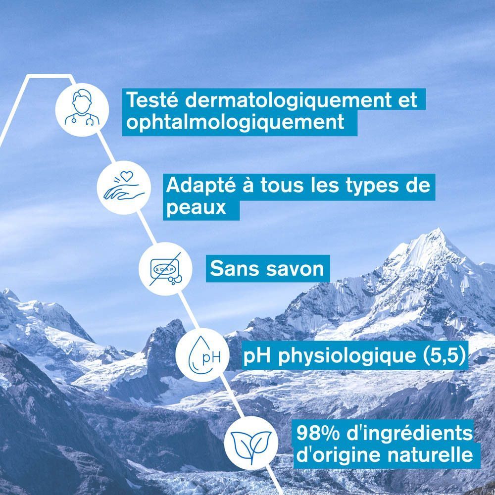Texte: Testé dermatologiquement et ophtalmologiquement, Adapté à tous les types de peaux, Sans savon, pH physiologique (5,5).