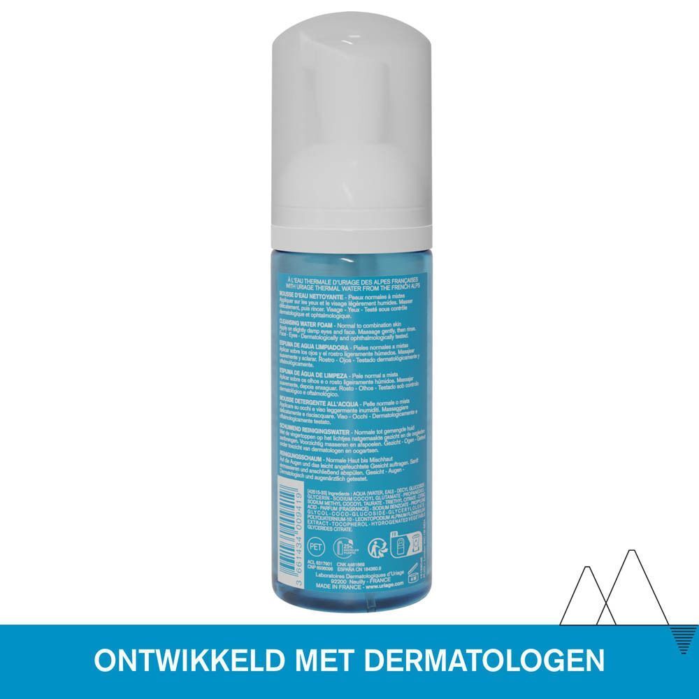 Achterkant van de fles Uriage Mousse d'Eau Nettoyante. Tekst en logo's.