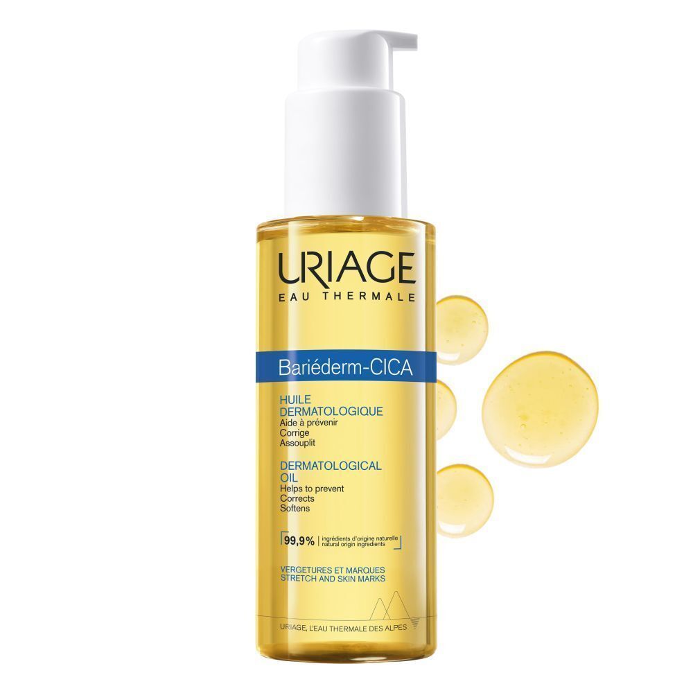 Deux flacons URIAGE Bariéderm-CICA-HUILE. Liquide jaune dans flacons transparents avec pompe blanche. Étiquettes bleues.