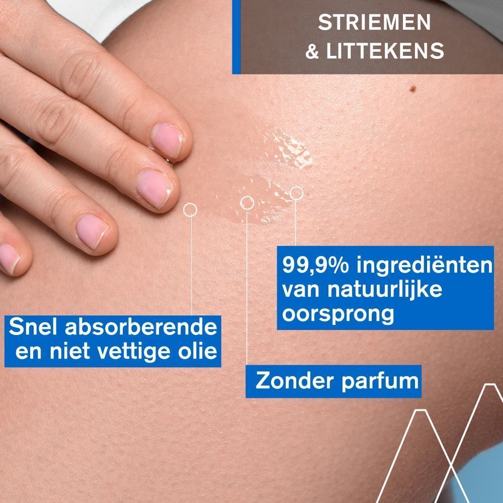 Fles URIAGE Bariéderm-CICA-HUILE. Gele vloeistof in transparante fles met witte pomp. Blauwe etiketten.
