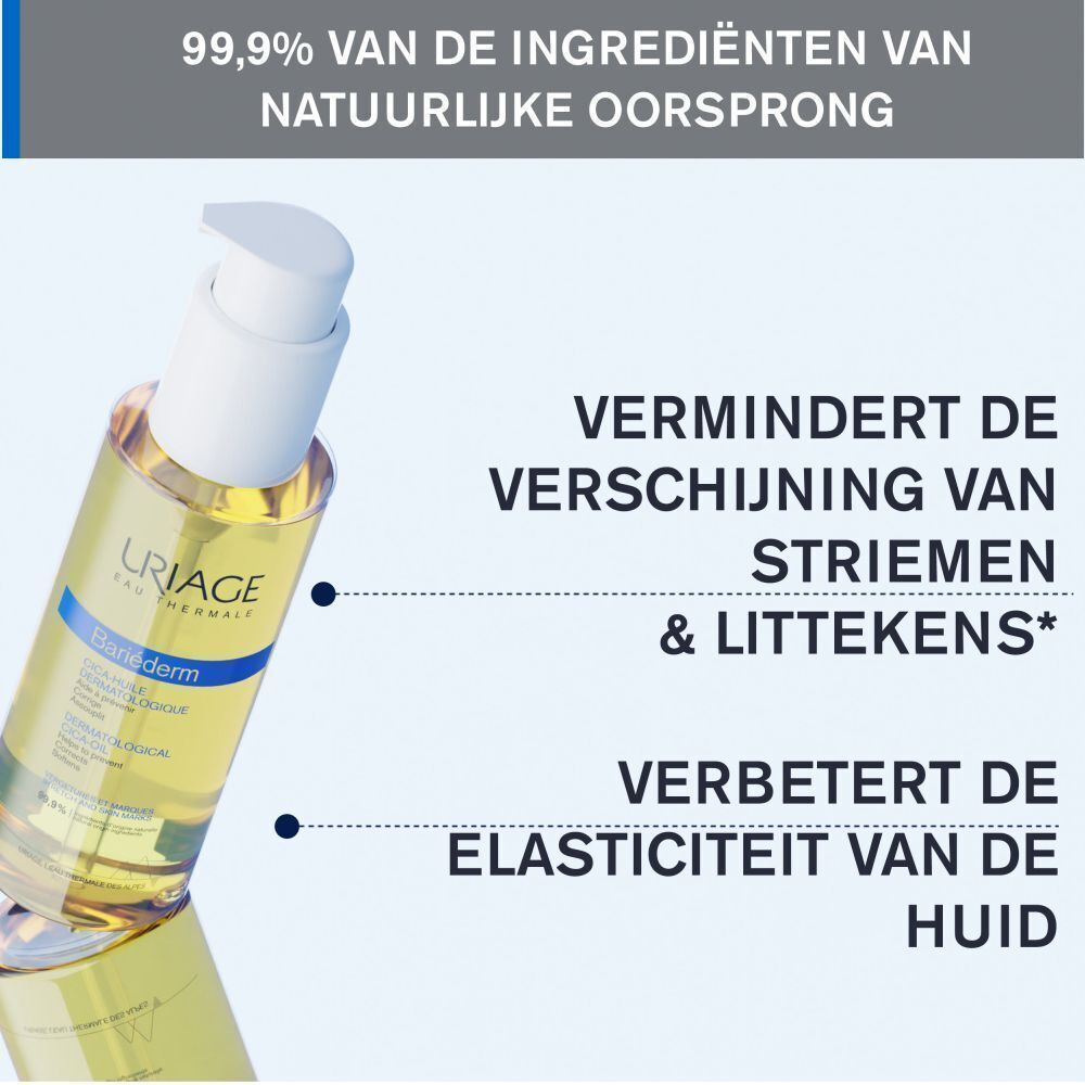 Close-up van huid met druppels. Tekst: Snel absorberende en niet vettige olie, 99,9% ingrediënten van natuurlijke oorsprong, Zonder parfum.