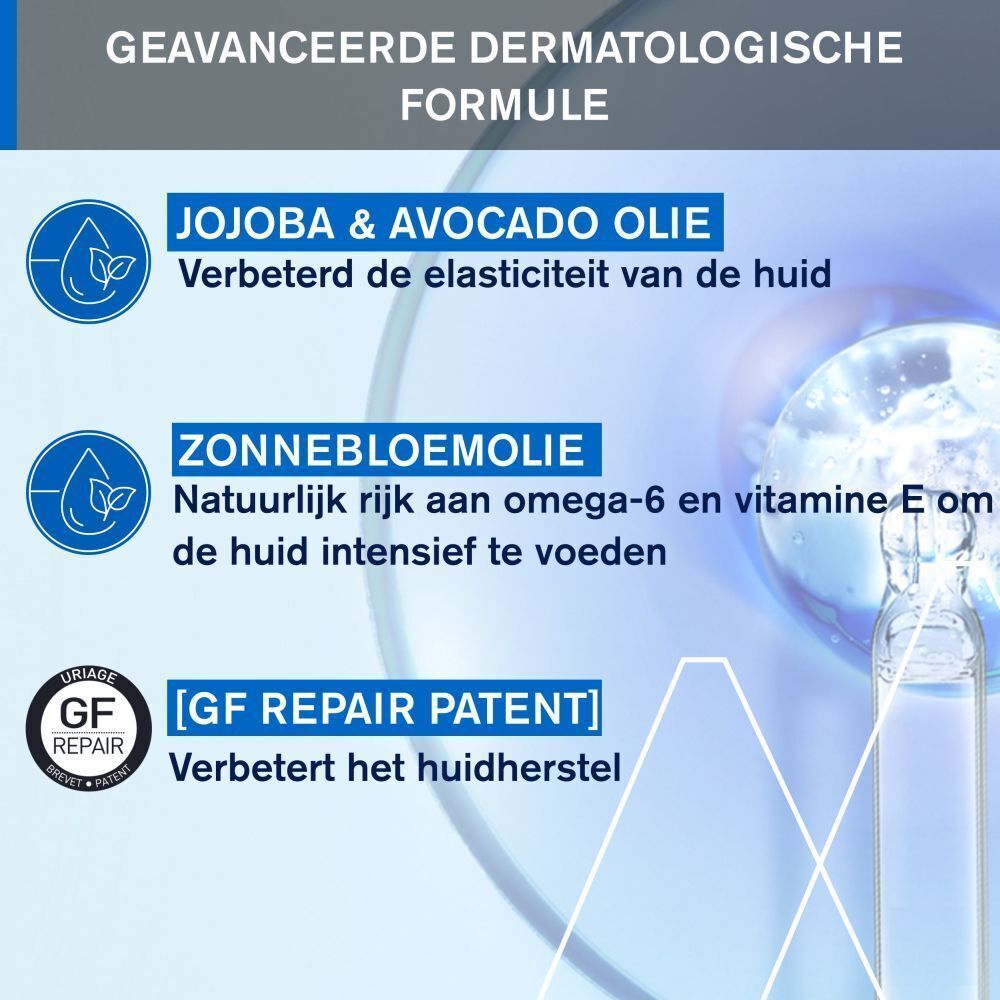 Fles URIAGE Bariéderm-CICA-HUILE. Tekst: Vermindert de verschijning van striemen & littekens. Verbetert de elasticiteit van de huid.