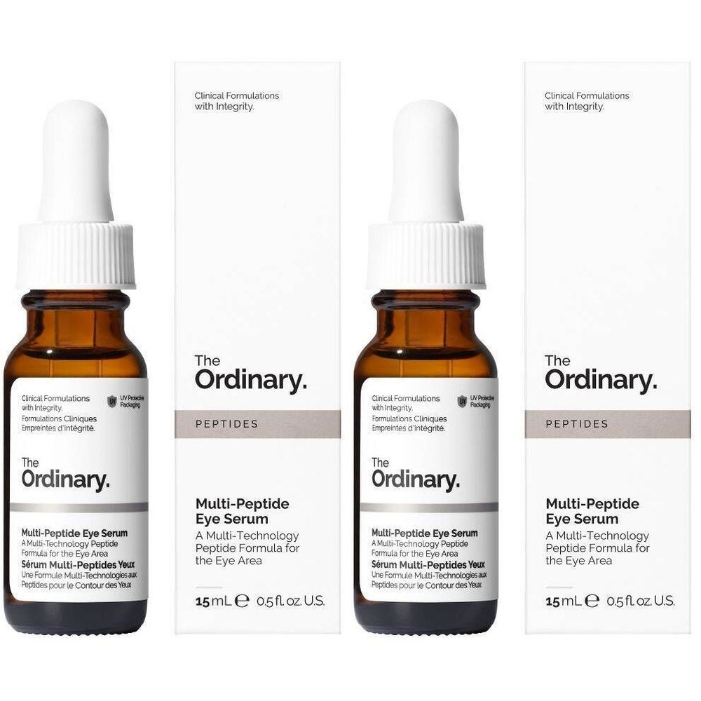Trois flacons de sérum avec pipette. Flacons en verre brun avec bouchon blanc. Inscription : The Ordinary, Multi-Peptide Eye Serum.