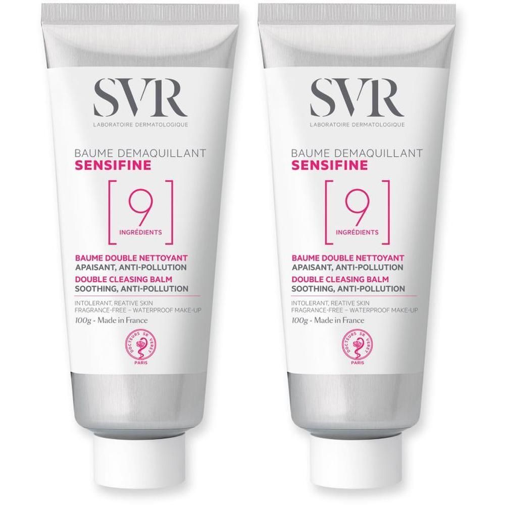 Twee tubes SVR Sensifine Baume Demaquillant. Wit-zilveren tubes met productnaam en logo. Opschrift: 9 ingrediënten.