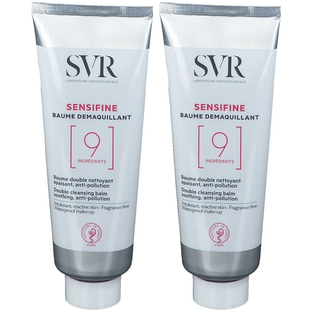 Deux tubes de SVR Sensifine Baume Demaquillant. Tubes blanc et argent avec nom et logo du produit. Inscription : 9 ingrédients.