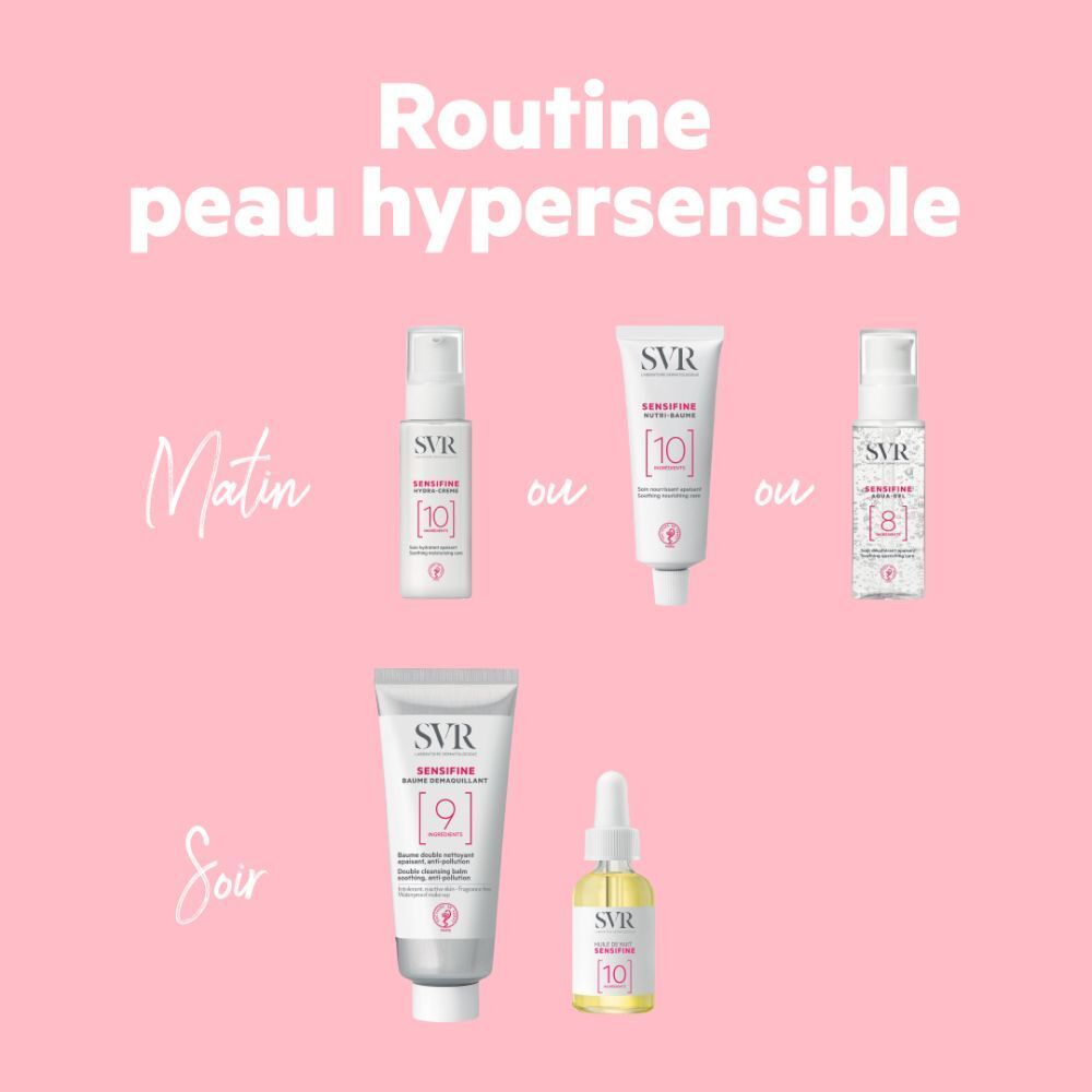 Ensemble de produits pour peaux hypersensibles. Produits SVR, dont Sensifine Baume Demaquillant. Noms et logos des produits visibles.