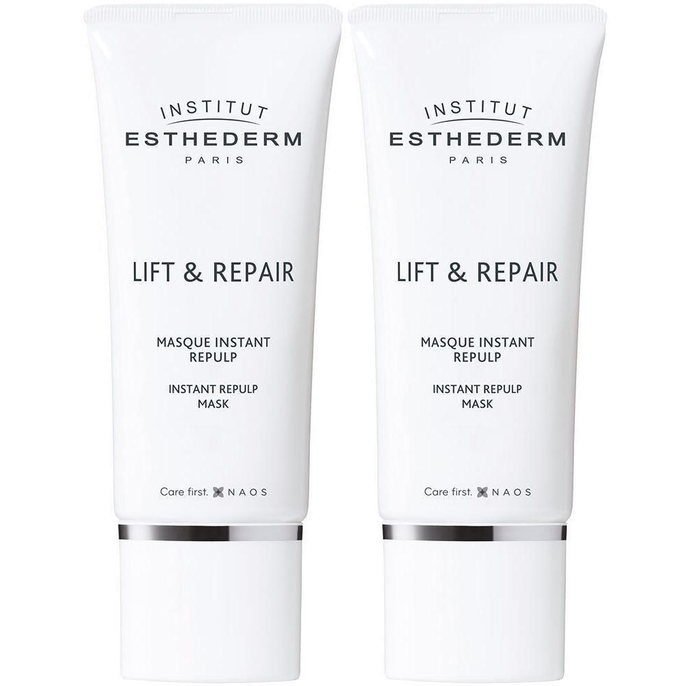Deux tubes de masque Lift & Repair INSTITUT ESTHEDERM. Blancs, bouchon argenté. Inscription : Lift & Repair, Masque Instant Repulp.