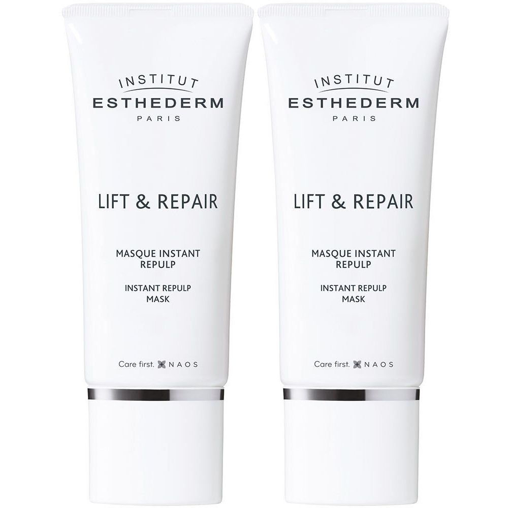 Deux tubes de masque Lift & Repair INSTITUT ESTHEDERM. Blancs, bouchon argenté. Inscription : Lift & Repair, Masque Instant Repulp.