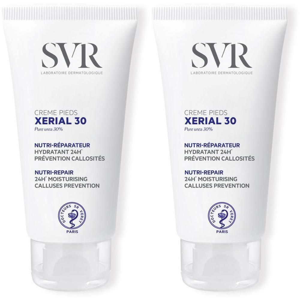 Deux tubes de crème pour les pieds SVR XÉRIAL 30. Tubes blancs avec texte bleu. Inscription : XÉRIAL 30, Crème Pieds. Logo SVR.