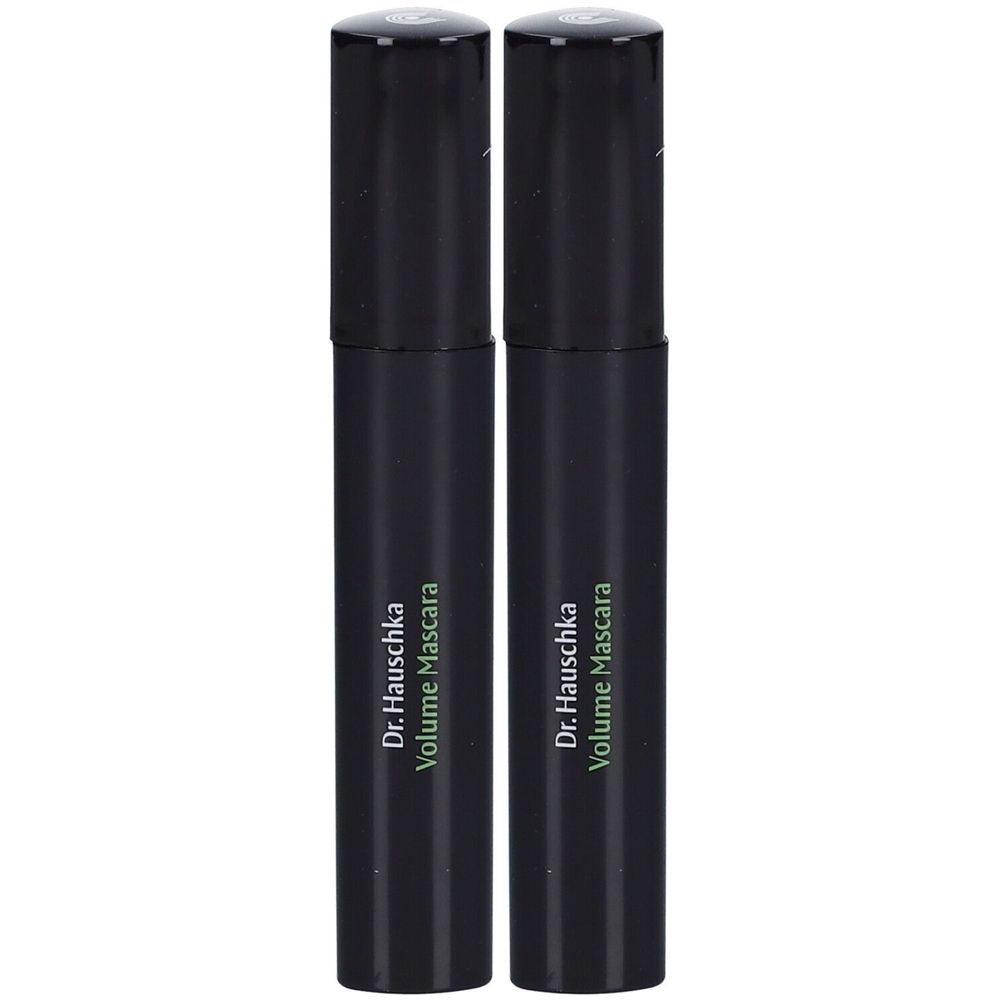 Twee zwarte mascarabuisjes. Opschrift: Dr. Hauschka Volume Mascara.