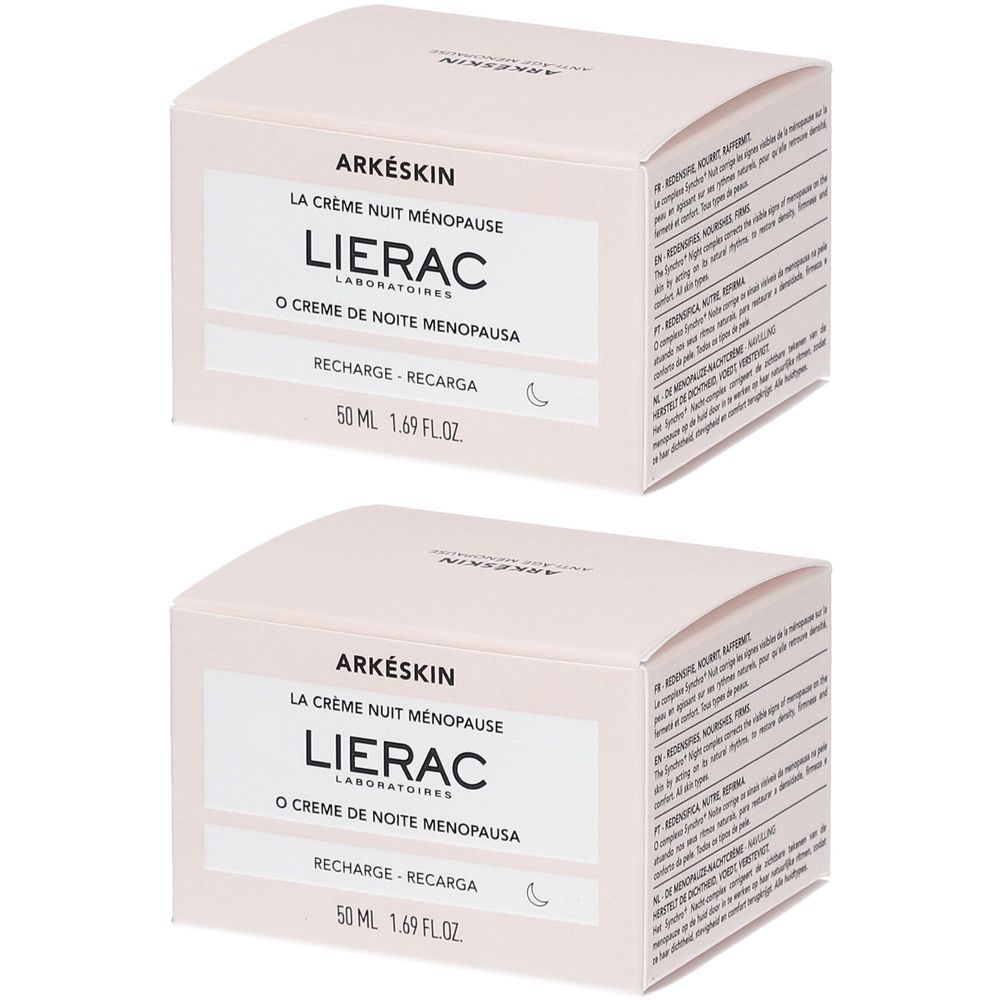 Twee dozen met productlabels: ARKÉSKIN, LA CRÈME NUIT MENOPAUSE, LIERAC. 50 ml. Tekst in het Frans, Portugees en Spaans.