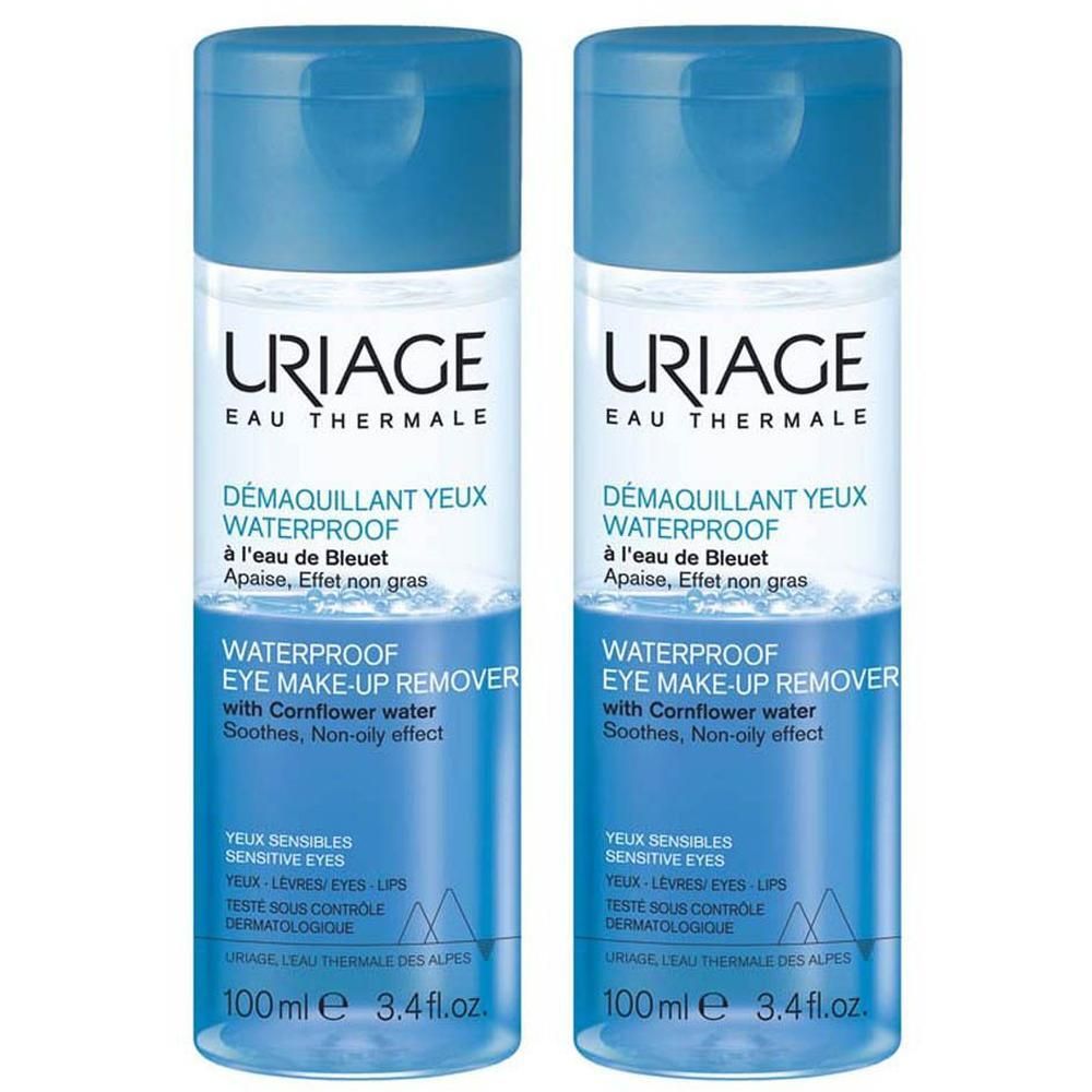 Twee flessen Uriage oogmake-up remover. Blauwe flessen met blauwe dop. Tekst: Waterproof Eye Make-up Remover.