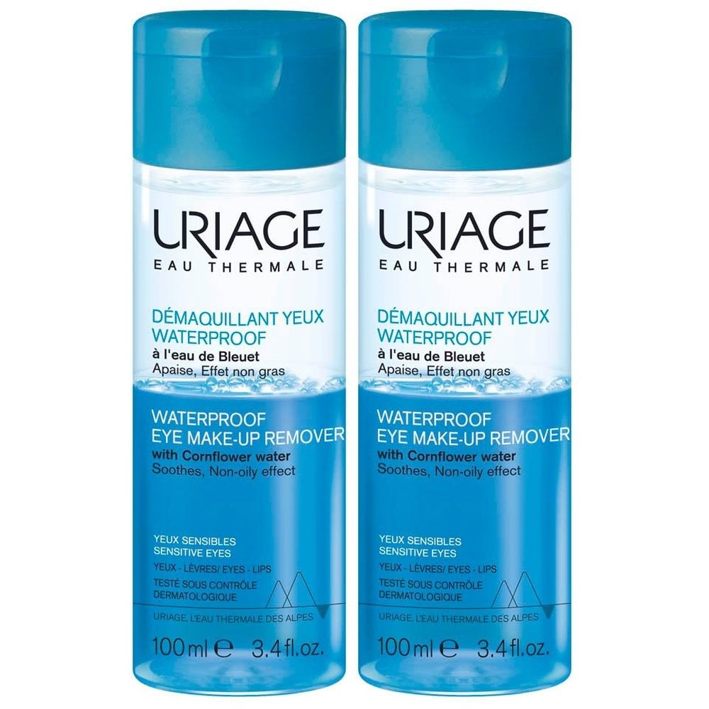 Twee flessen Uriage oogmake-up remover. Blauwe flessen met blauwe dop. Tekst: Waterproof Eye Make-up Remover.