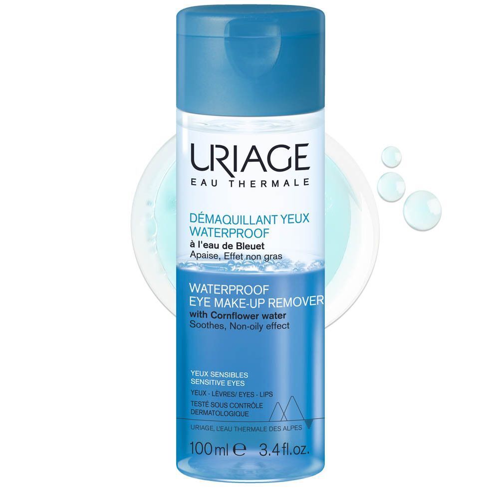 Een fles Uriage oogmake-up remover. Blauwe fles met blauwe dop. Tekst: Waterproof Eye Make-up Remover.