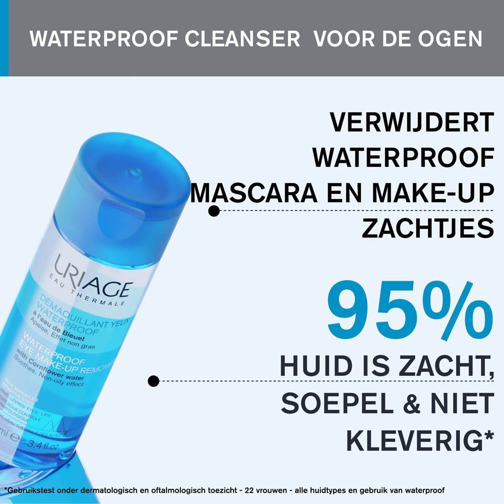 Een fles Uriage oogmake-up remover. Tekst: Verwijdert waterproof mascara en make-up zachtjes.