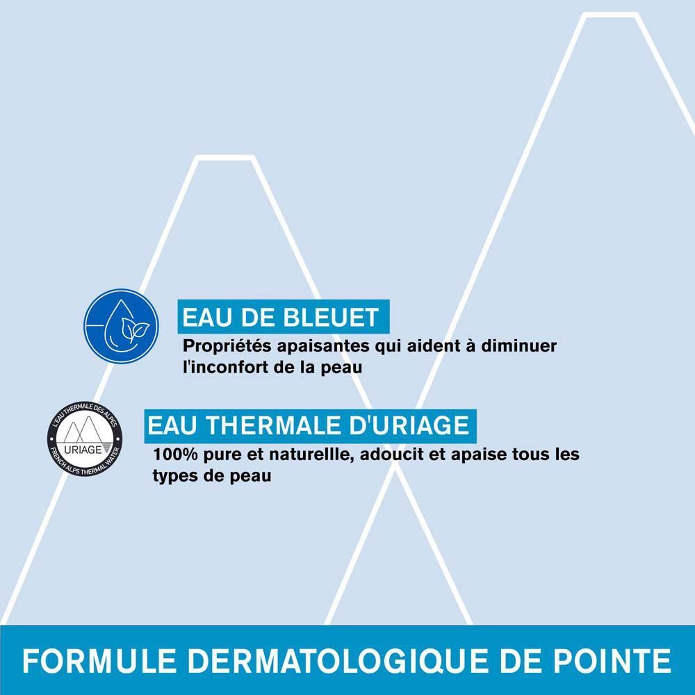 Graphique avec texte: Eau de Bleuet, Eau Thermale d'Uriage. Logos et informations sur les ingrédients.