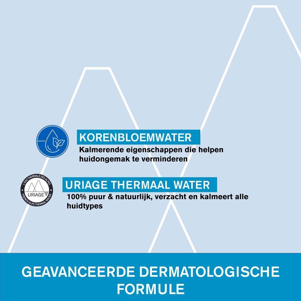 Grafiek met tekst: Korenbloemwater, Uriage Thermaal Water. Logo's en informatie over ingrediënten.
