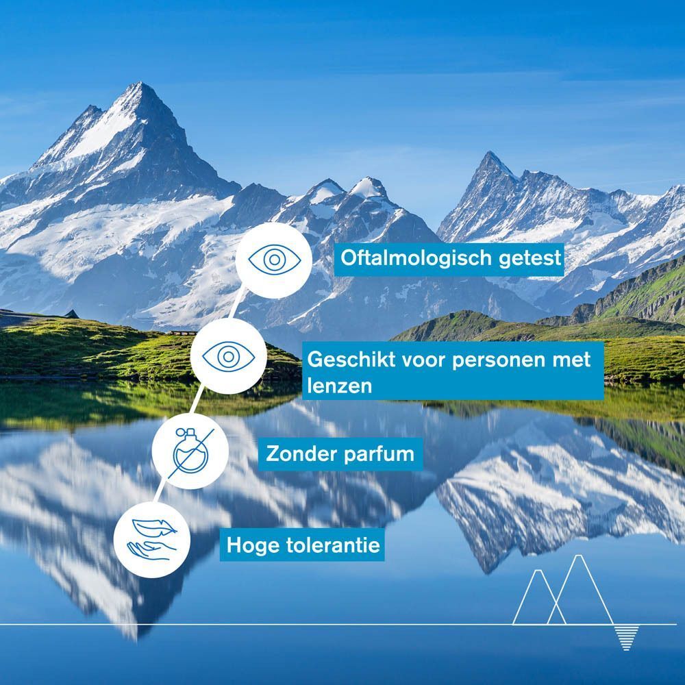 Landschap met bergen en meer. Tekst: Oftalmologisch getest, Geschikt voor personen met lenzen.