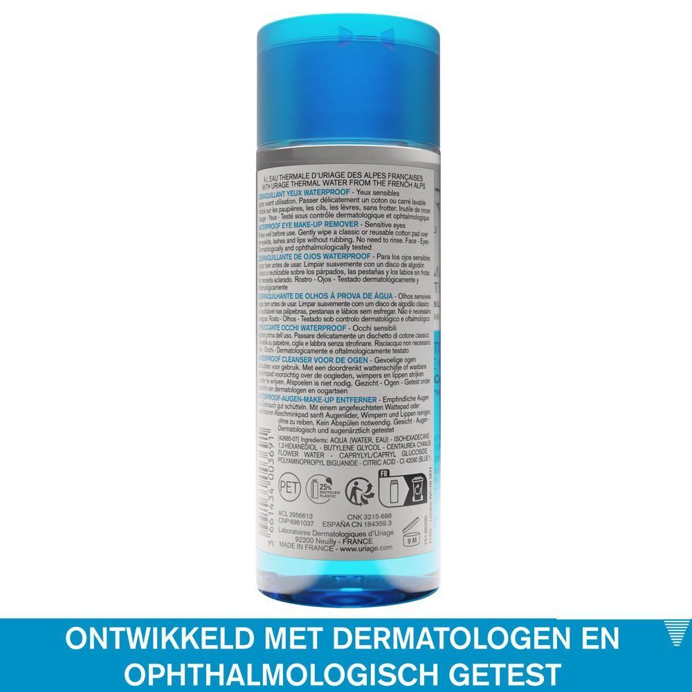 Achterkant van een fles Uriage oogmake-up remover. Tekst in meerdere talen.